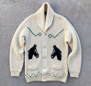 Vintage Tundra Horse Cowichan Knit Cardigan Sweater Rockabilly Double Sided