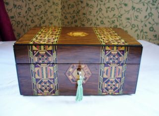 Antique Victorian Walnut Tunbridge Parquetry Inlaid Jewellery Box 7