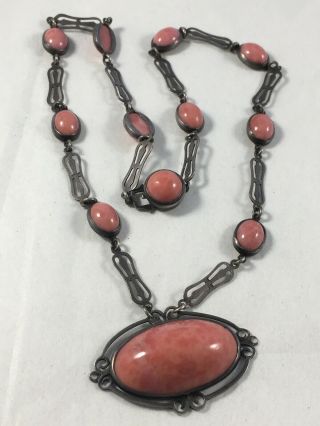 Antique Victorian Art Deco Poured Pink Glass Sterling Silver Choker Necklace