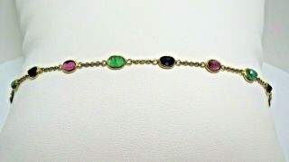 Vintage 18k Yellow Gold Blue Sapphire Emerald Ruby Gemstone Station Bracelet
