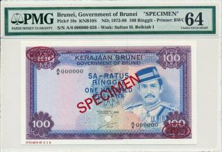 Government Of Brunei Brunei 100 Ringgit 1988 Specimen,  Rare Pmg 64