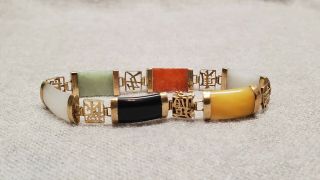 Vintage 14k 585 Yellow Gold Chinese Multi Colored Jade Bracelet