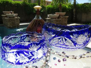2pc Vintage Cobalt Blue Glass Bohemian Cut To Clear Crystal Fruit & Candy Bowls
