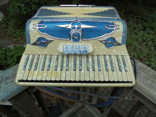 Vintage Castiglione Accordion 7329 Blue & Pearl White Made In Italy With Case