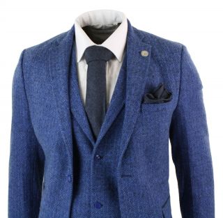 Mens Blue 3 Piece Tweed Suit Herringbone Wool Vintage Retro Peaky Blinders Fit