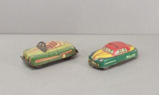 Police Car & Convertible,  2 Vintage Toy Mini Tin Cars - 3 1/8 " Long