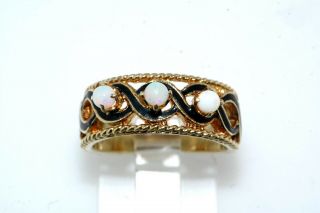 Vintage Opal & Black Enamel 14k Yellow Gold Band Ring Sz 6