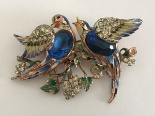 Vintage Corocraft Sterling Duette Love Birds Rhinestone Clip Pin Brooch Signed