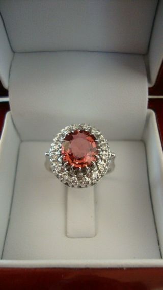 14k White Gold Vintage Oval Pink Tourmaline Diamonds Halo Ring Size 6.  75