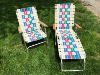 Vtg Classic Aluminum Webbed Folding Adjustable Lounge Chair & Lawn Chair Combo
