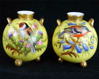 N999 Pair Antique Royal Worcester Yellow Ground Posy Vases Birds John Hopewell