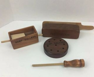 3 Vintage Camp Callers Turkey Box Slate Over Glass Pot Push Pull Button Call Set