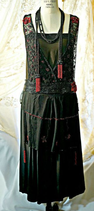 Antique vtg 1920s flapper dress,  beaded net,  sequin,  strong and wearable M - L 2
