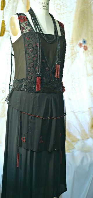 Antique vtg 1920s flapper dress,  beaded net,  sequin,  strong and wearable M - L 7