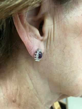 Vintage NOS 1970s Silver Linde Purple Star Sapphire & Diamond Earrings 5