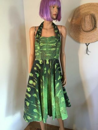 Vintage Kona Kai Hawaiian Dress Gradual Green SEASHELLS Shelf Bust Halter VLV s 2
