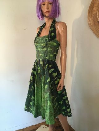 Vintage Kona Kai Hawaiian Dress Gradual Green SEASHELLS Shelf Bust Halter VLV s 4