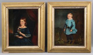 Antique American Folk Art Portrait Paintings Young Boy & Girl Brother & Sister