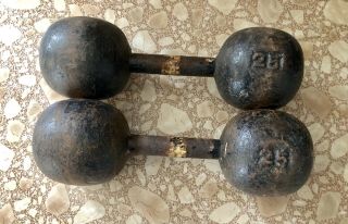 Rare Set Of Two 25 Lb Globe Style Dumbbell Dumb Bell Vintage Antique Cast
