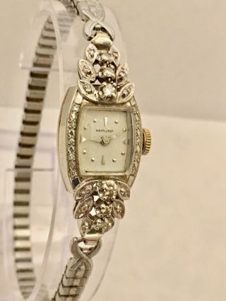 Vintage 14k White Gold & Diamonds Hamilton 22 Jewels Ladies Wrist Watch