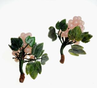 Vintage CHINESE Rose Quartz JADE CARVED GRAPE CLUSTER with STONE LEAVES 2