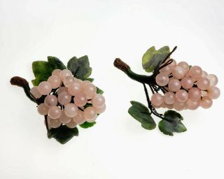 Vintage CHINESE Rose Quartz JADE CARVED GRAPE CLUSTER with STONE LEAVES 3