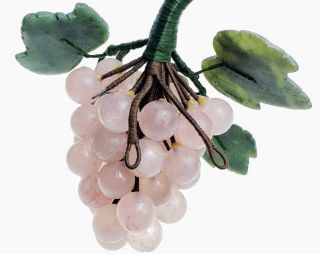 Vintage CHINESE Rose Quartz JADE CARVED GRAPE CLUSTER with STONE LEAVES 4