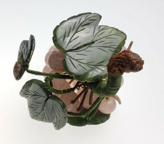 Vintage CHINESE Rose Quartz JADE CARVED GRAPE CLUSTER with STONE LEAVES 5