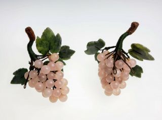 Vintage CHINESE Rose Quartz JADE CARVED GRAPE CLUSTER with STONE LEAVES 6