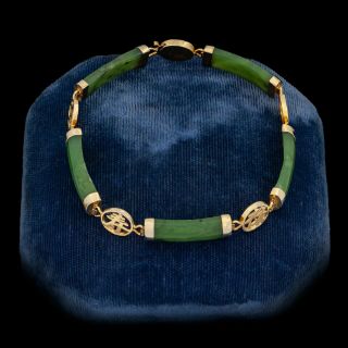Antique Vintage Deco 14k Gold Chinese Carved Jadeite Jade Segment Hanzi Bracelet