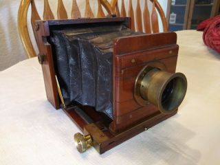Vintage Brass & Mahogany 1/4 Plate Camera & Lens