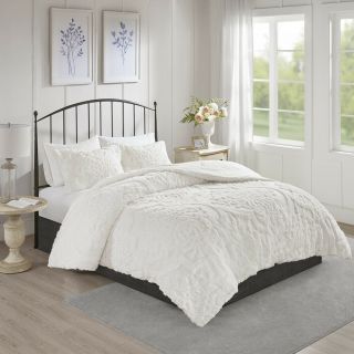 Ultra Soft Chenille Plush Cozy Luxury Vintage White Comforter Set