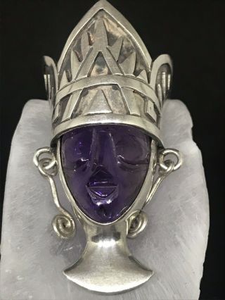 Vintage Sterling Silver Mexican Amethyst Queen Crown Face Pendant Necklace