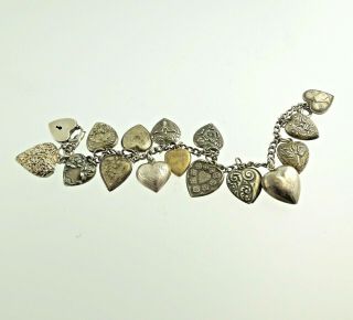 Vintage Sterling Puffy Heart Hearts Charm Bracelet - Rare - 16 Heart Charms