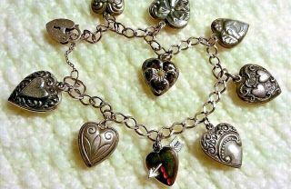Vintage Sterling Silver Charm Bracelet With 10 Puffy Heart Charms,  7.  50 ",  Lampl