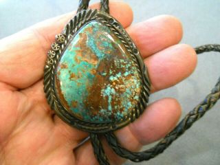 Vintage Native American Indian Turquoise Sterling Silver Bolo Tie Signed Rt