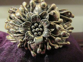 Vintage Sterling Silver 925 One - Of - A - Kind Artisan Flower Cuff Bracelet Stunning