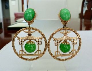 2 5/8 " Large Vintage Napier Asian Pagoda Peking Glass Faux Jade 3 - D Earrings