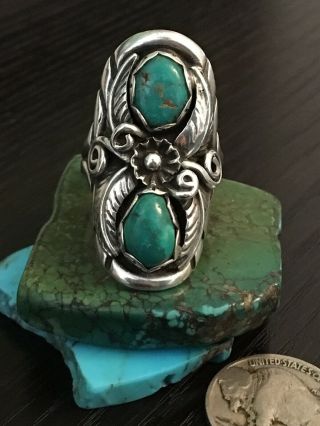 Vintage Native American Old Pawn Signed Turquoise Sterling Silver Ring 14g Sz 10