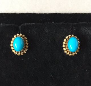 Vintage 9ct 9k 375 Gold Persian Turquoise Rope Border Stud Earrings Full H’mark