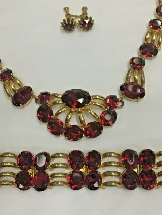 Antique/vintage Czech Art Deco Garnet Estate Necklace Bracelet Screw On Earrings