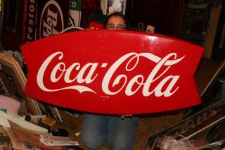 Large Vintage 1964 Coca Cola Fishtail Soda Pop Gas Station 42 " Metal Sign