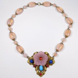 Art Deco Czech Brass And Glass Floral Necklace Filigree