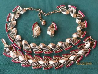 Vintage Signed Kramer Ruby Red Rhinestone Set Necklace Bracelet Earrings