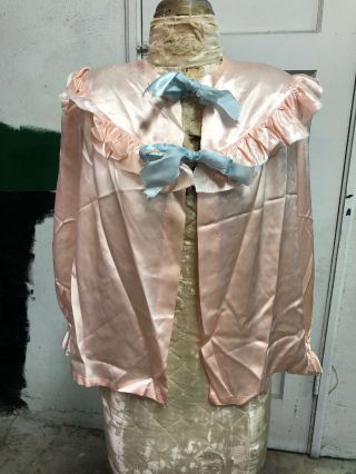 Antique 1930s Pink Silky Satin Rayon Blouse Silk Ribbon Bows Bed Jacket Vintage