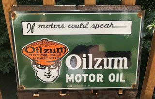 Vintage 1948 Oilzum Motor Oils Porcelain Enamel Gas Pump Sign