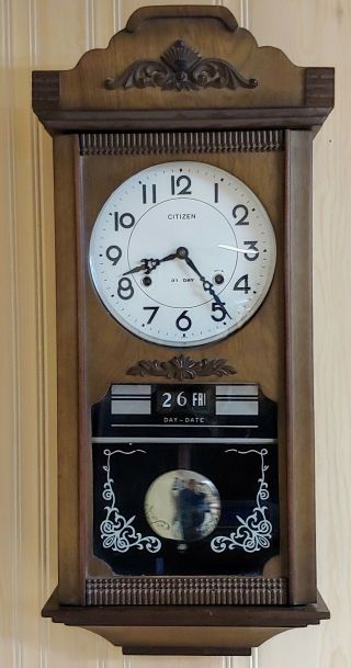 Vintage Citizen 31day Wall Clock With Date - Day,  Chimes,  Pendulum,  Winding Key.