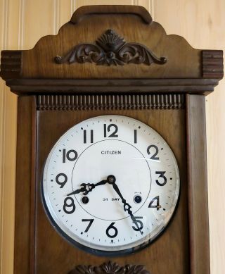 Vintage CITIZEN 31Day Wall Clock With Date - day,  Chimes,  pendulum,  winding key. 2