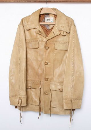 Vintage Pioneer Wear Heavy Tan Leather Western Jacket Sz.  46l