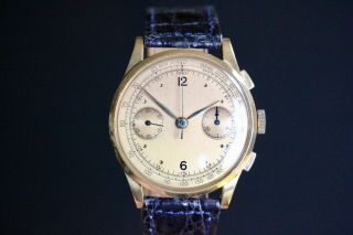 Large 18k Solid Gold Anonymous Vintage Chronograph Suisse Watch Landeron